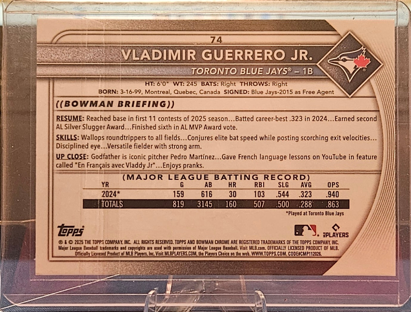 2025 Bowman Chrome - Vladimir Guerrero Jr. #74 - Fuchsia Refractor 44/299