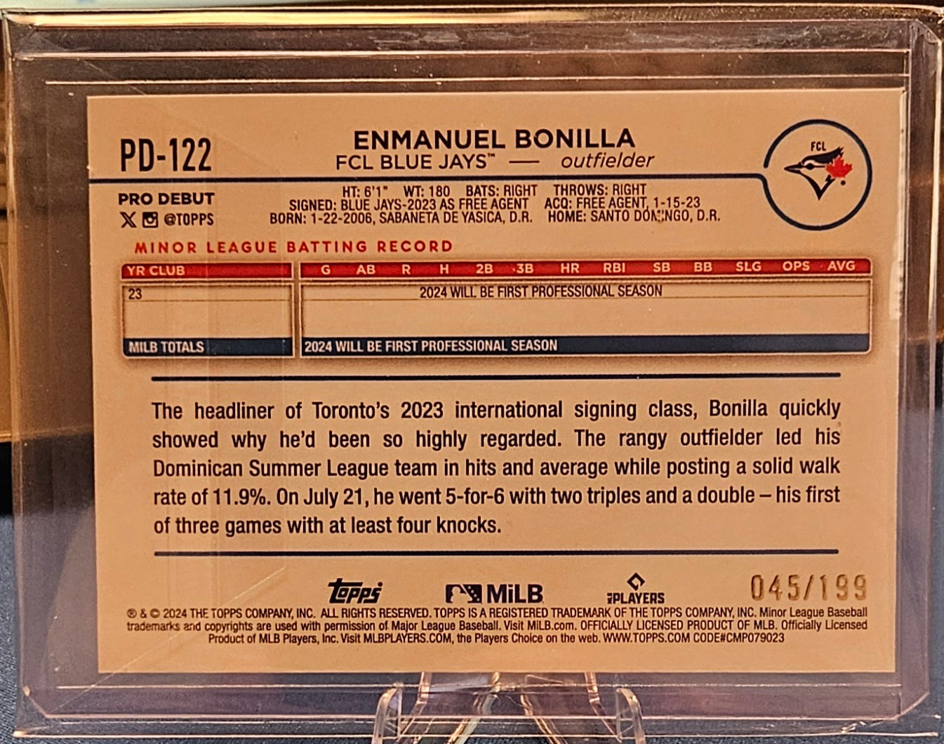 2024 Topps Pro Debut - Enmanuel Bonilla #PD-122 - Fuchsia Foil 45/199