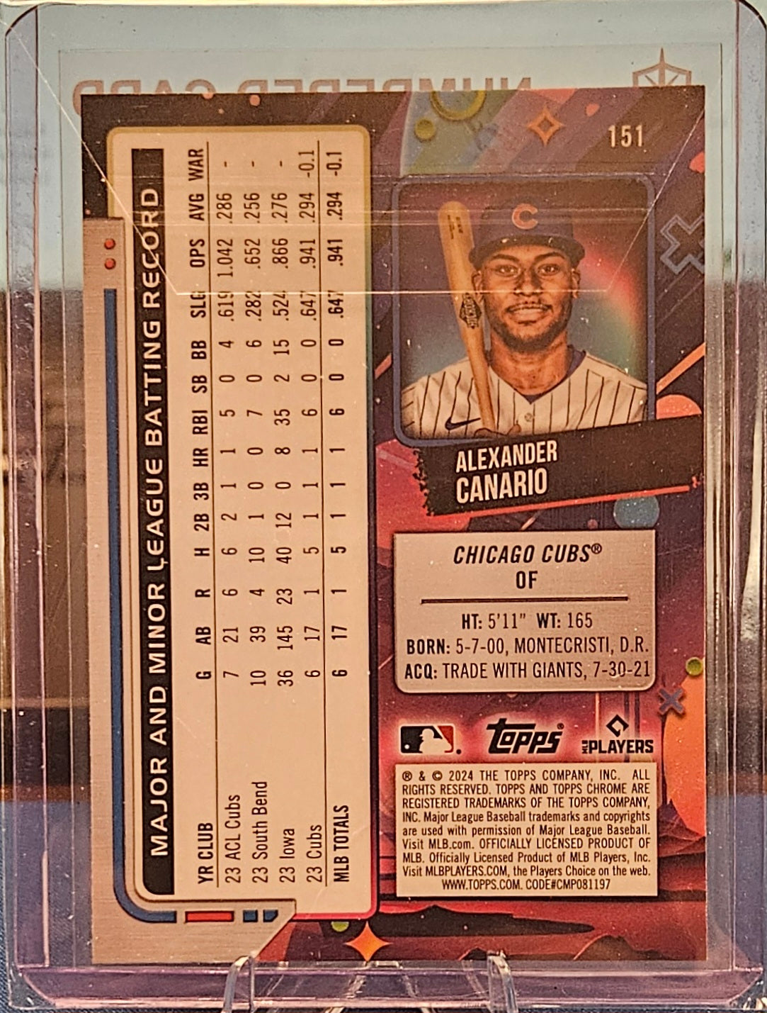 2024 Topps Chrome Cosmic - Alexander Canario #151 - Purple Nebula Refractor 52/150 (RC)
