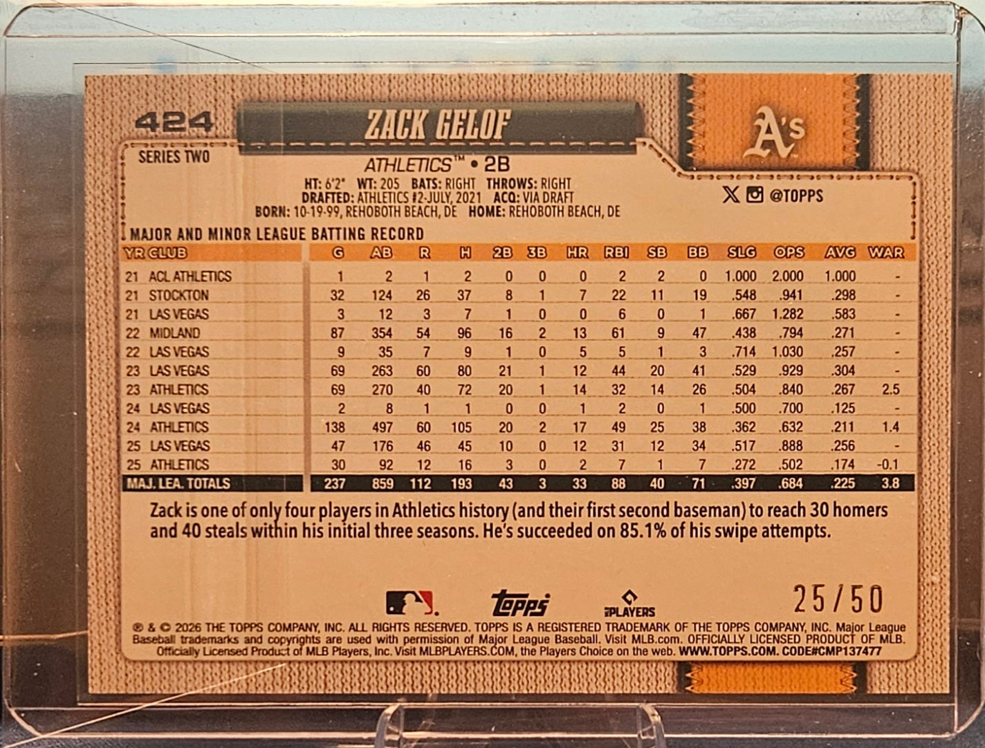 2026 Topps - Zach Gelof #424 - All-Star Holo Foil Gold 25/50