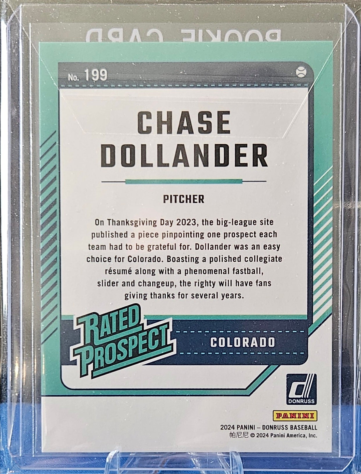 2024 Panini Donruss - Chase Dollander #199 - Carolina Blue Laser 54/249 - Rated Prospect