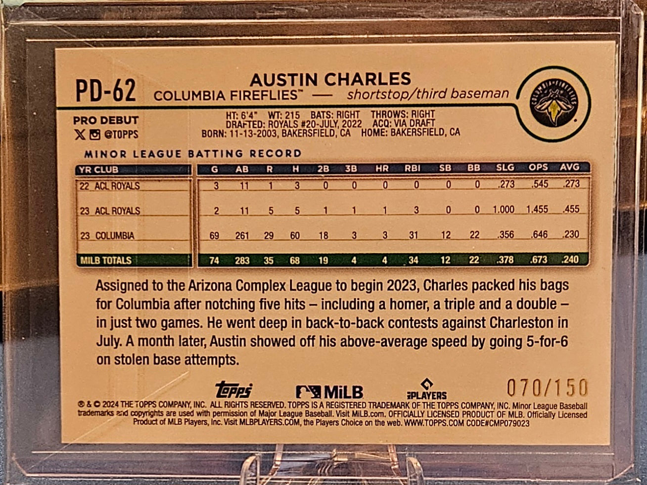 2024 Topps Pro Debut - Austin Charles #PD-62 - Blue Refractor 70/150