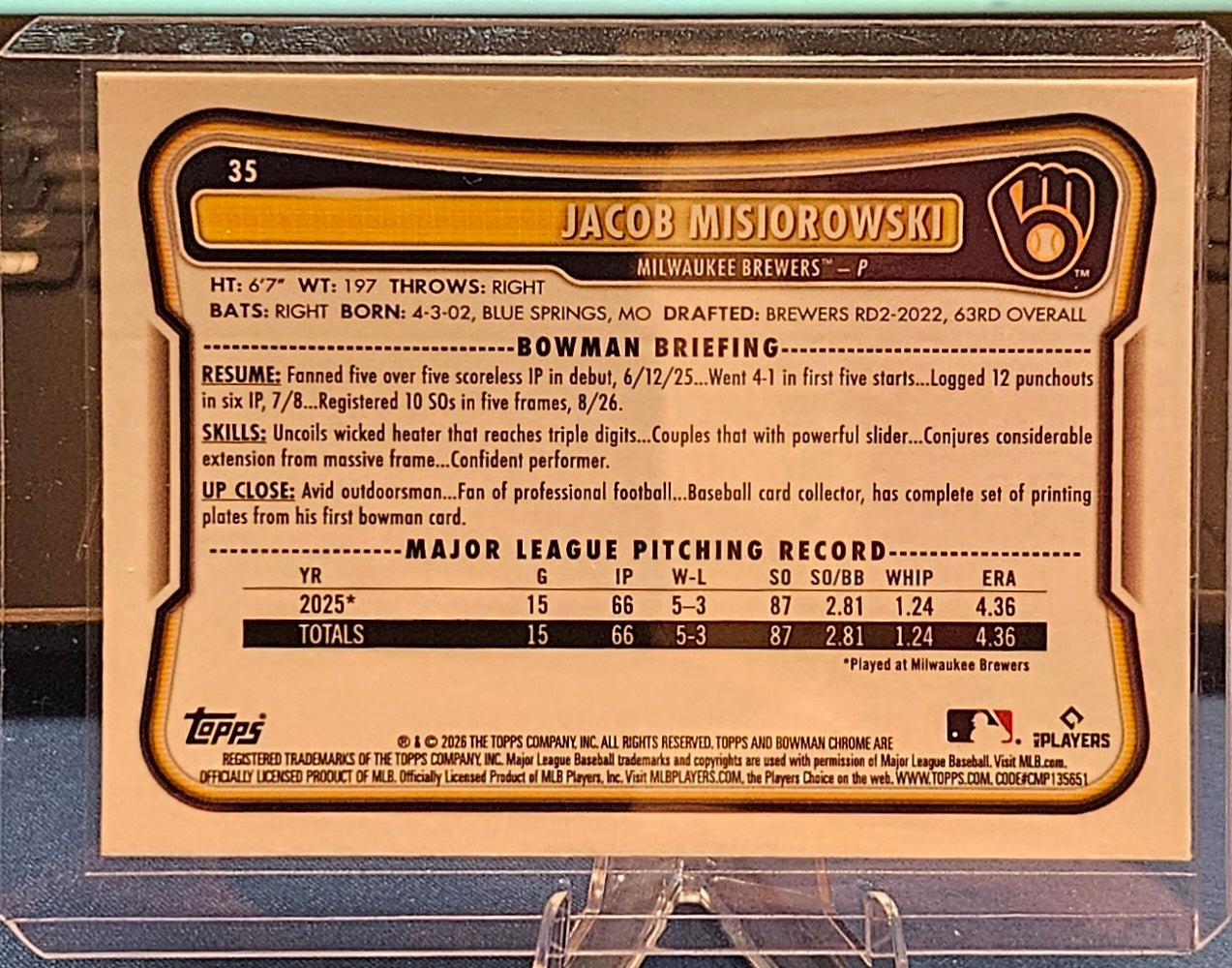 2026 Bowman Chrome - Jacob Misiorowski #35 - Mojo Refractor (RC)