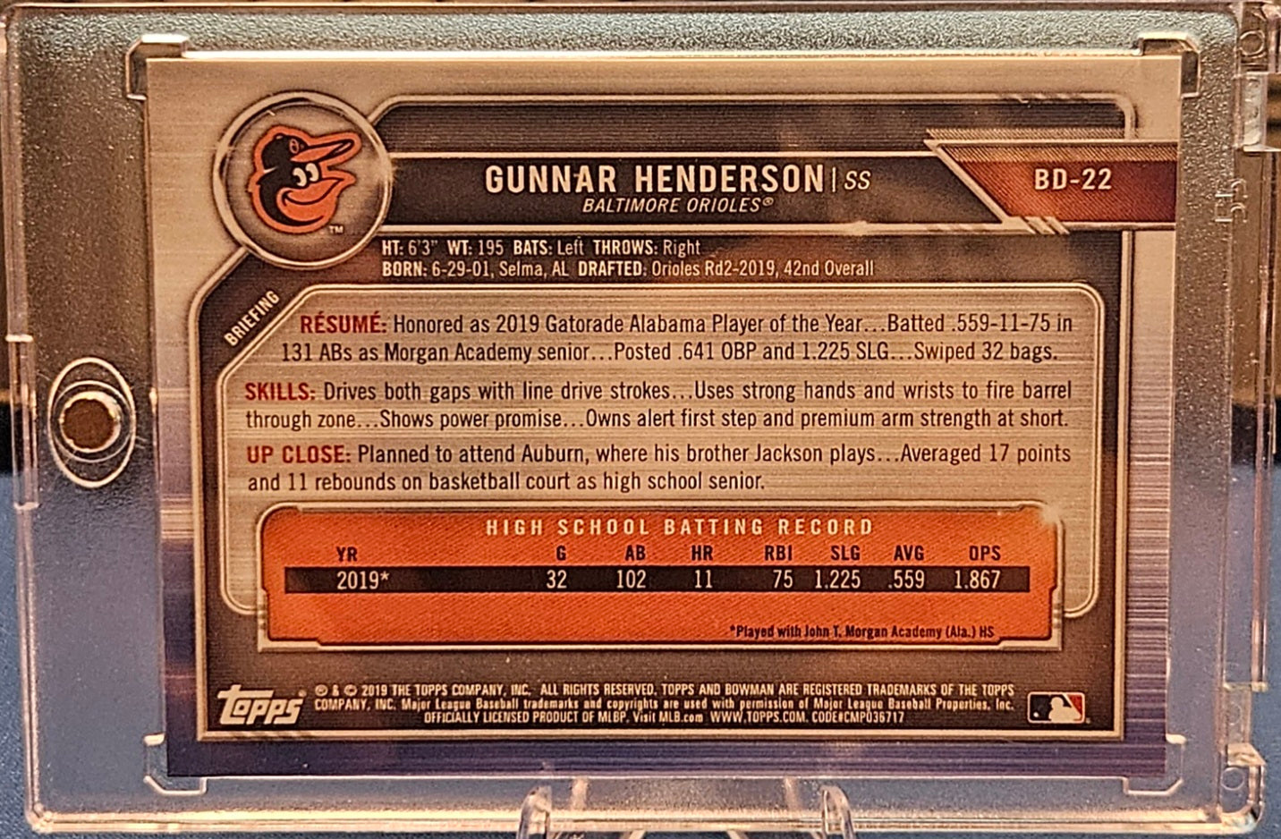 2019 Bowman Draft - Gunnar Henderson #BD-22 - 1st Bowman