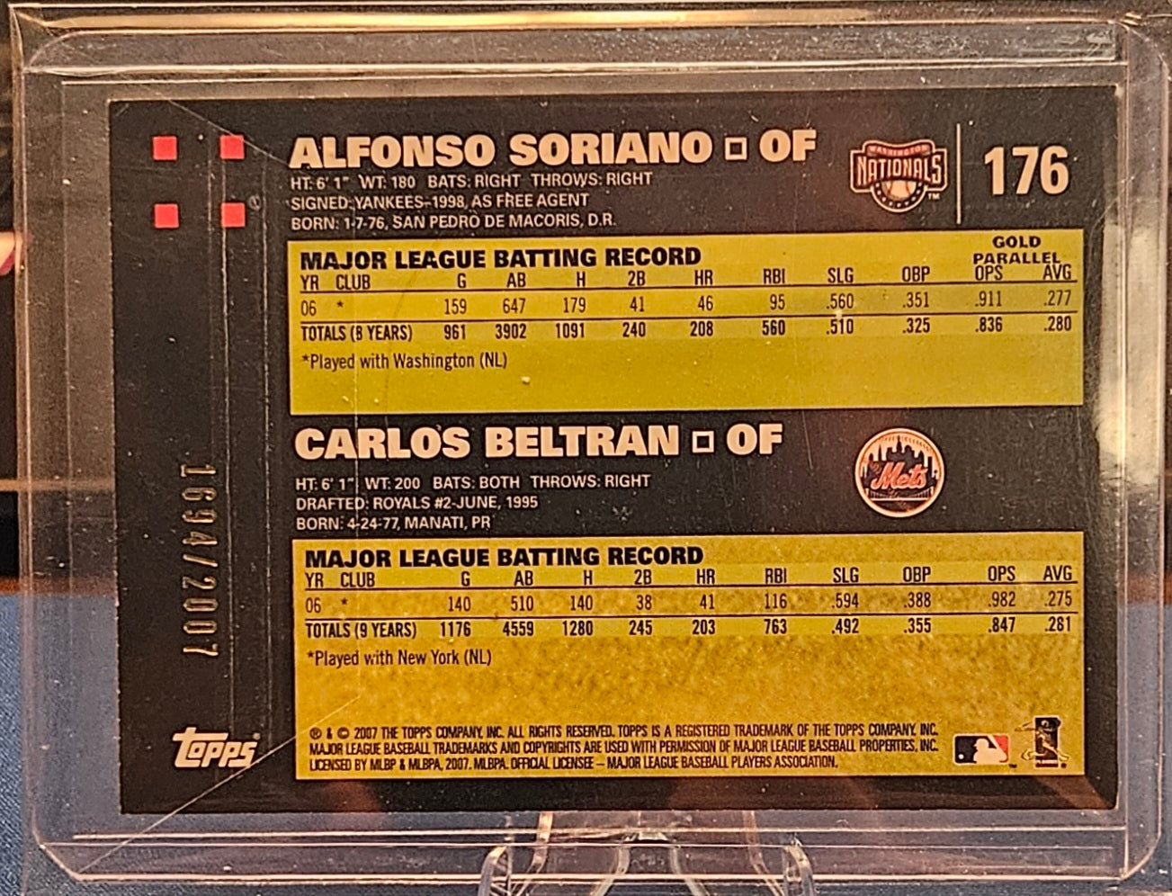2007 Topps - Alfonso Soriano & Carlos Beltran #176 - Gold Classic Combo 1694/2007