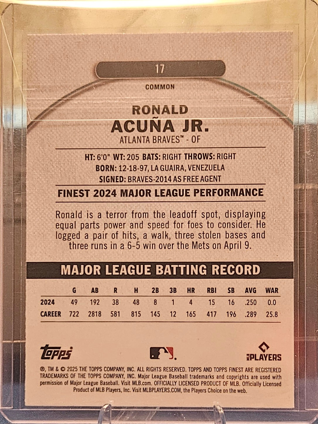 2025 Topps Finest - Ronald Acuna Jr. #17 - Purple Refractor 95/250