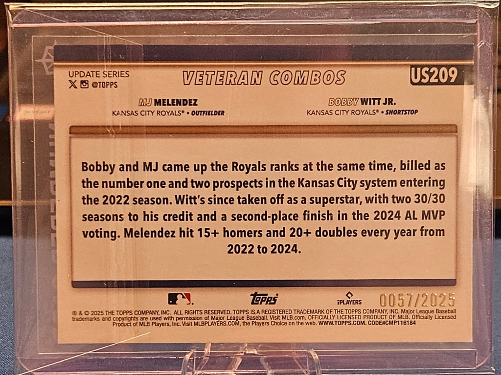 2025 Topps Update - Veteran Combos MJ Melendez Bobby Witt Jr #US209 - Gold 57/2025