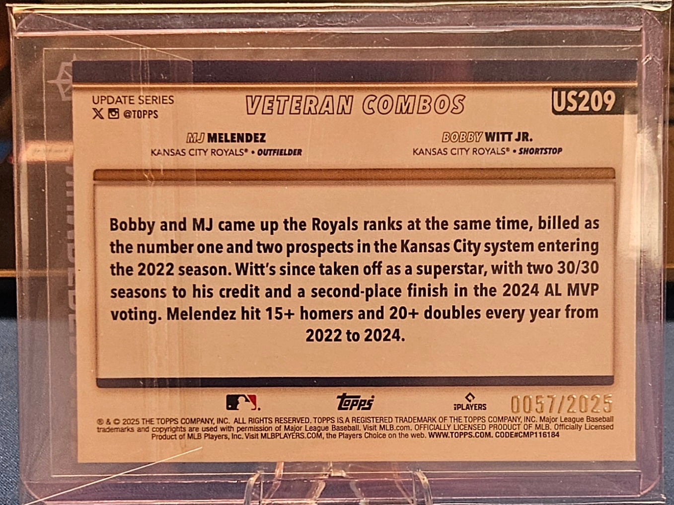 2025 Topps Update - Veteran Combos MJ Melendez Bobby Witt Jr #US209 - Gold 57/2025