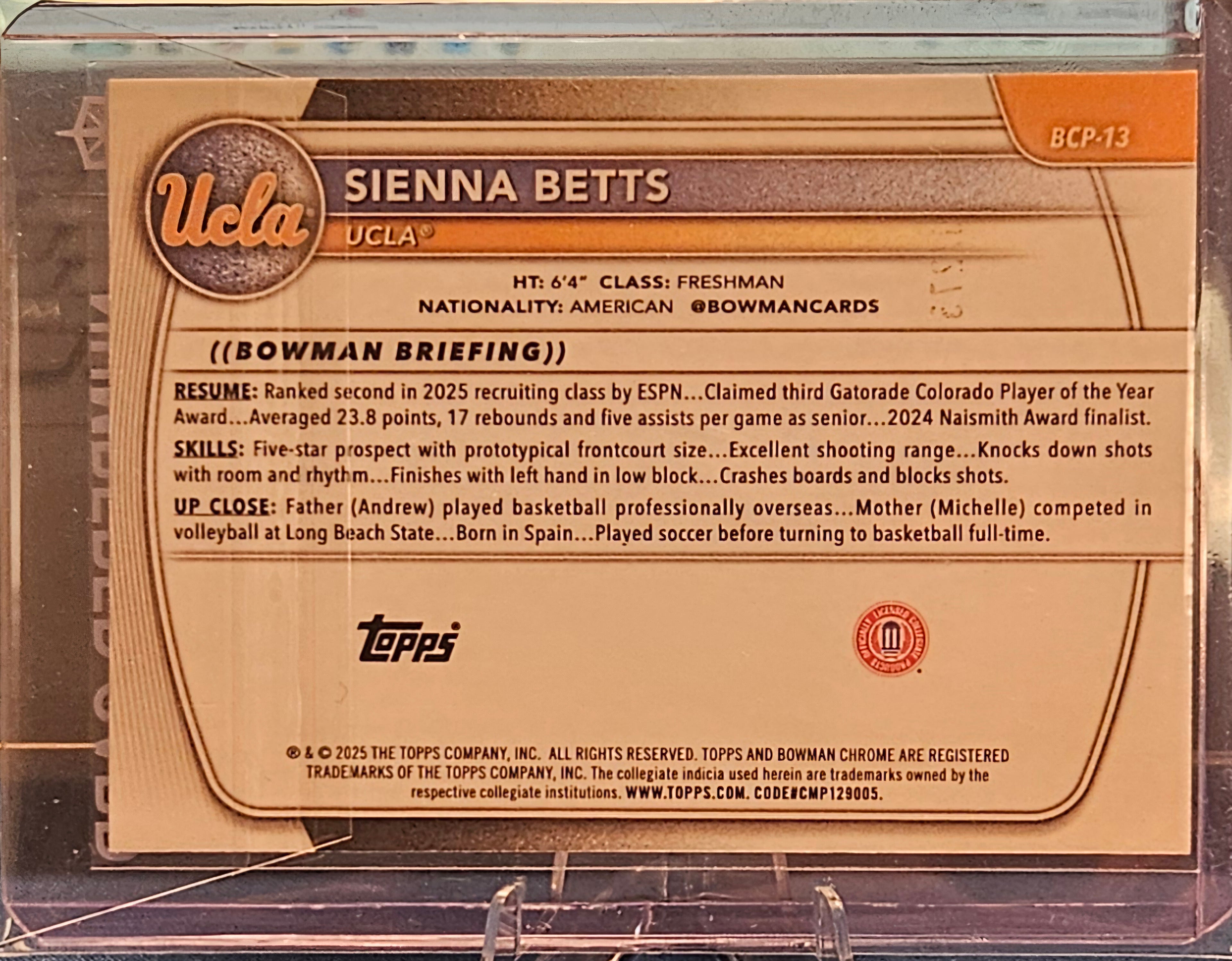 2025-26 Bowman Chrome - Sienna Betts #BCP-13 - Magenta Mojo Refractor 136/275 (1st)