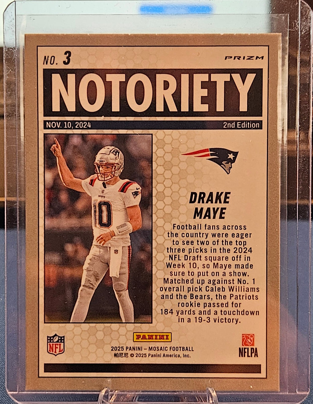 2025 Panini Mosaic - Drake Maye #3 - Notoriety - Pink Fluorescent Prizm