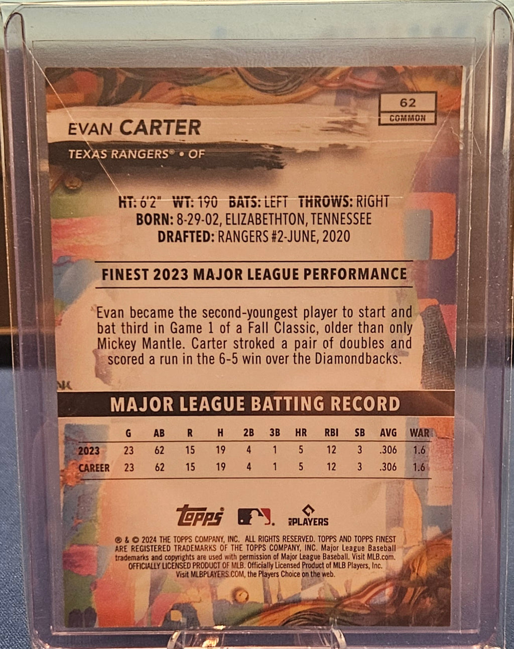 2024 Topps Finest - Evan Carter #62 - Sky Blue Refractor 219/325 (RC)