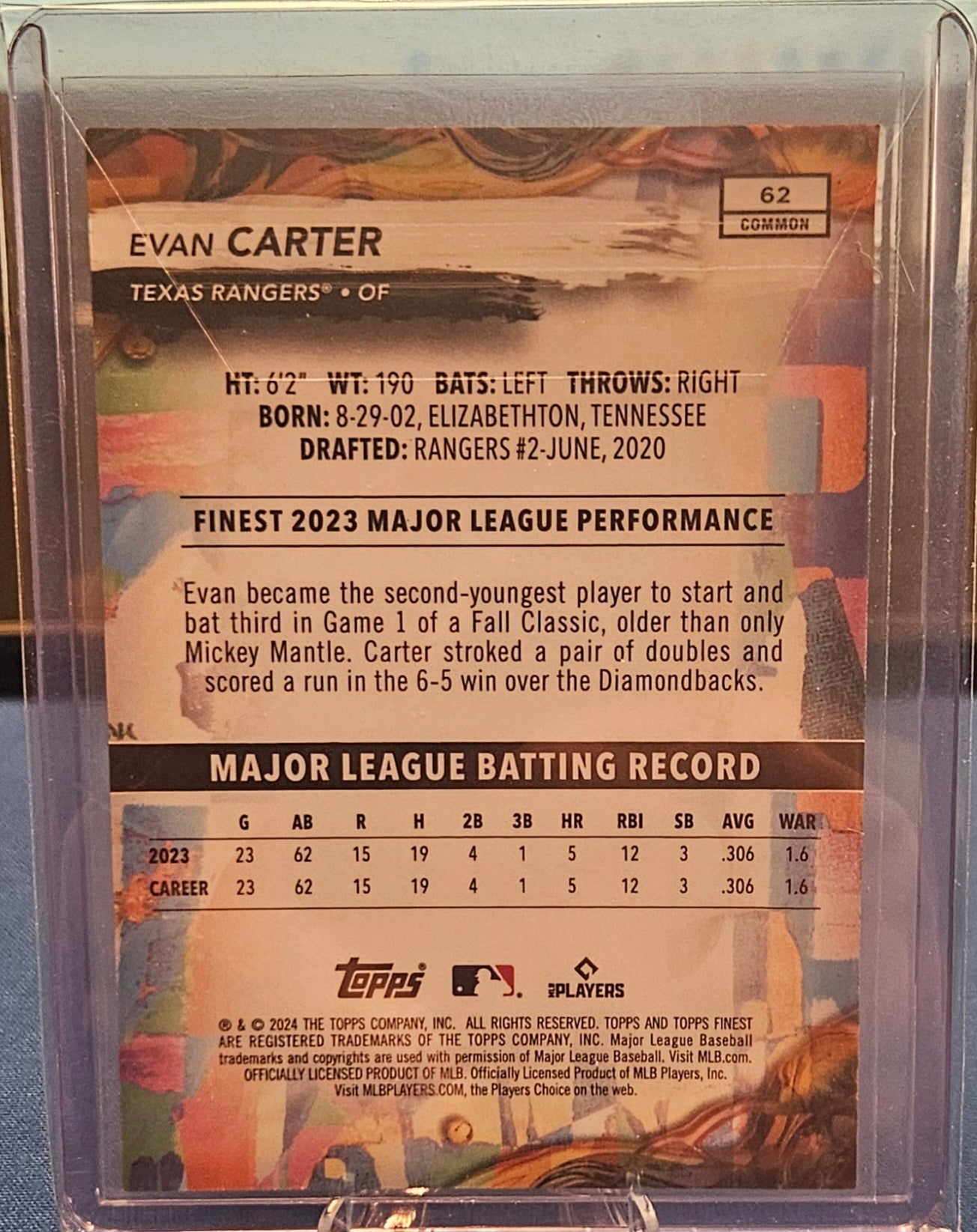2024 Topps Finest - Evan Carter #62 - Sky Blue Refractor 219/325 (RC)