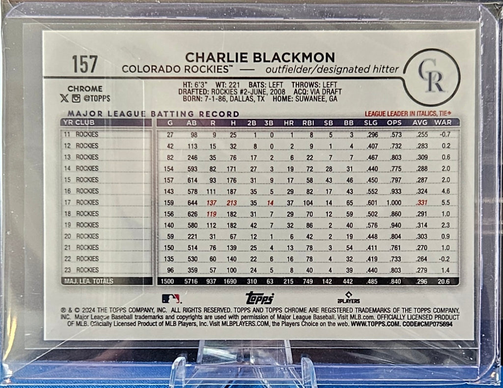 2024 Topps Chrome - Charlie Blackmon #157 - Purple Speckle Refractor 36/299