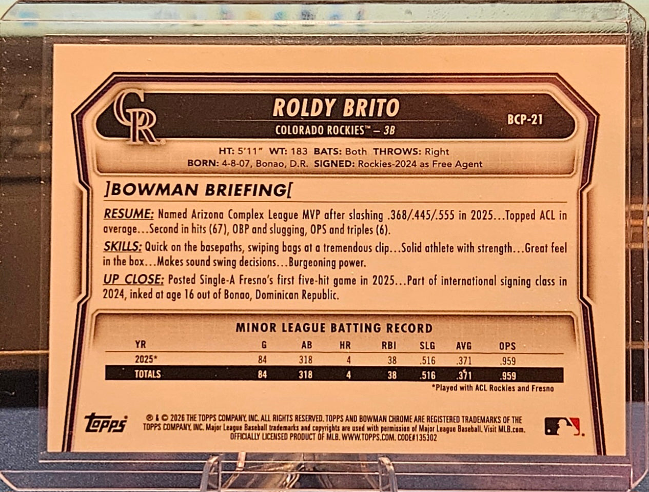 2026 Bowman Chrome - Roldy Brito #BCP-21 - Reptilian Refractor (1st Bowman)
