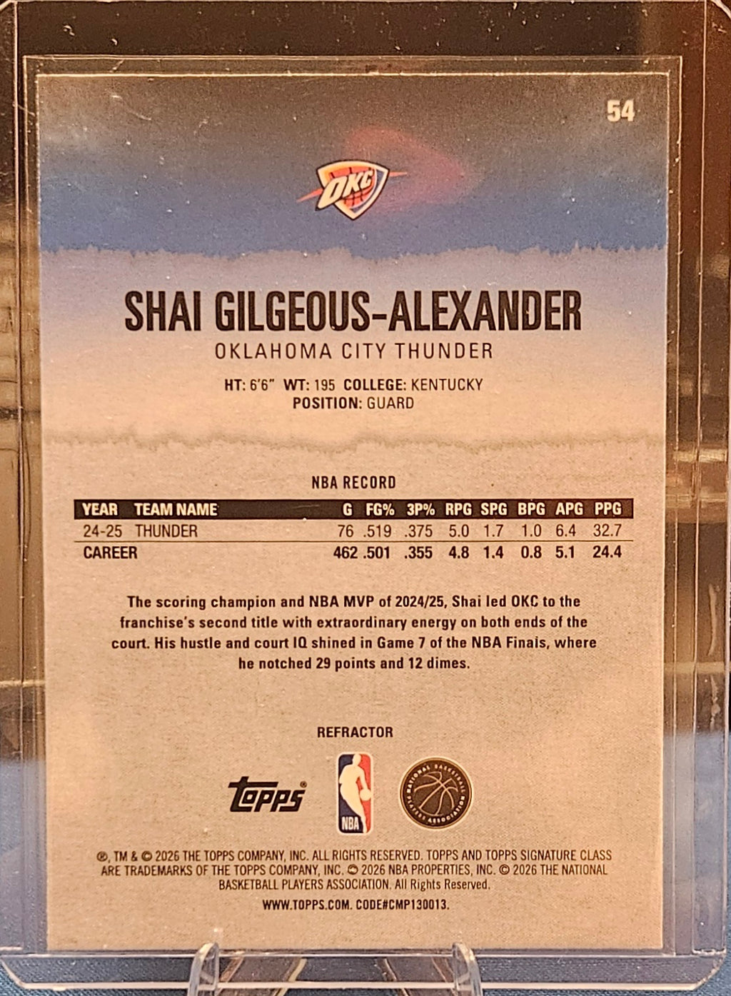 2025-26 Topps Signature Class - Shai Gilgeous- Alexander #54 - Chrome Refractor