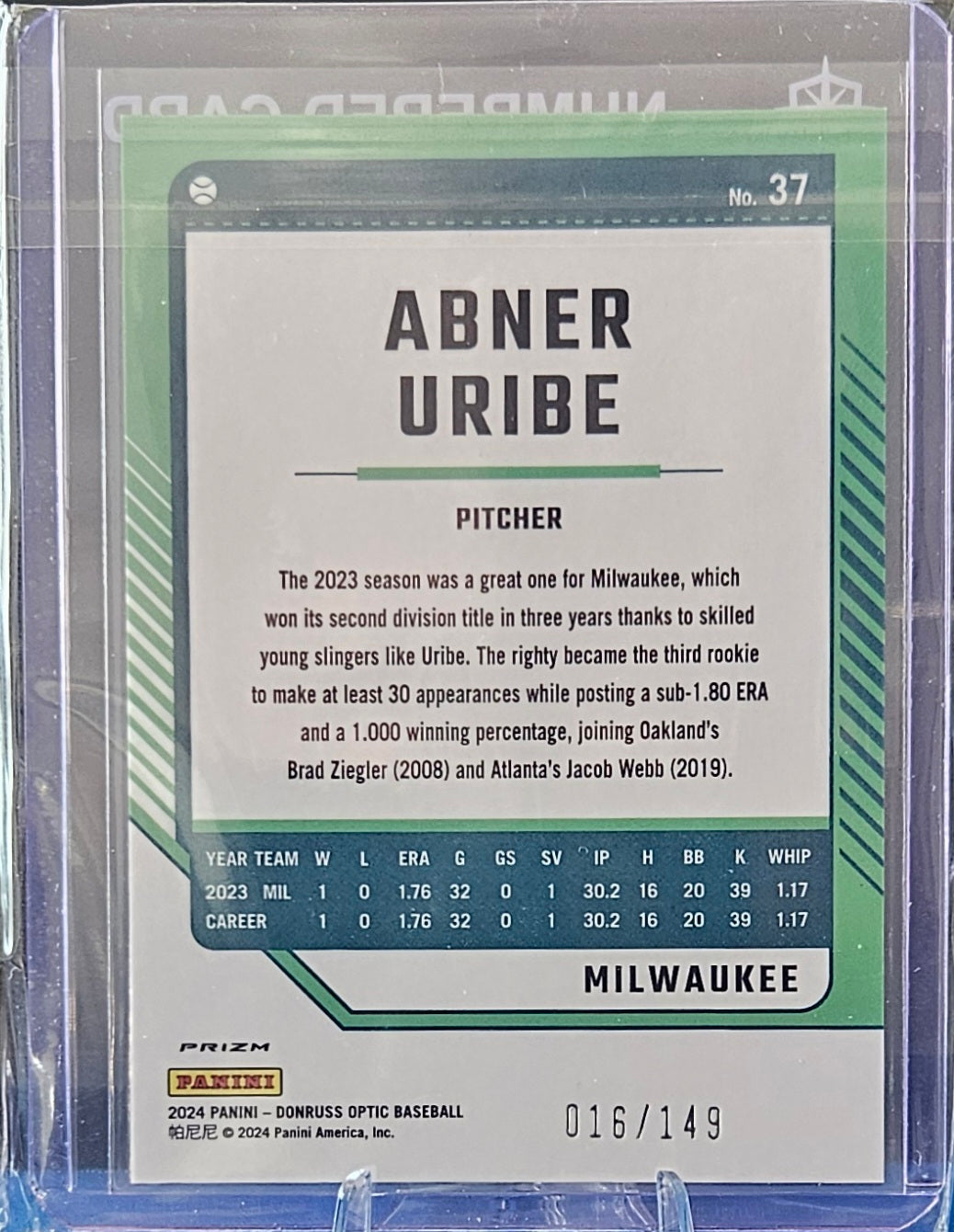 2024 Panini Donruss Optic - Abner Uribe #37 - Lime Green Prizm 16/149