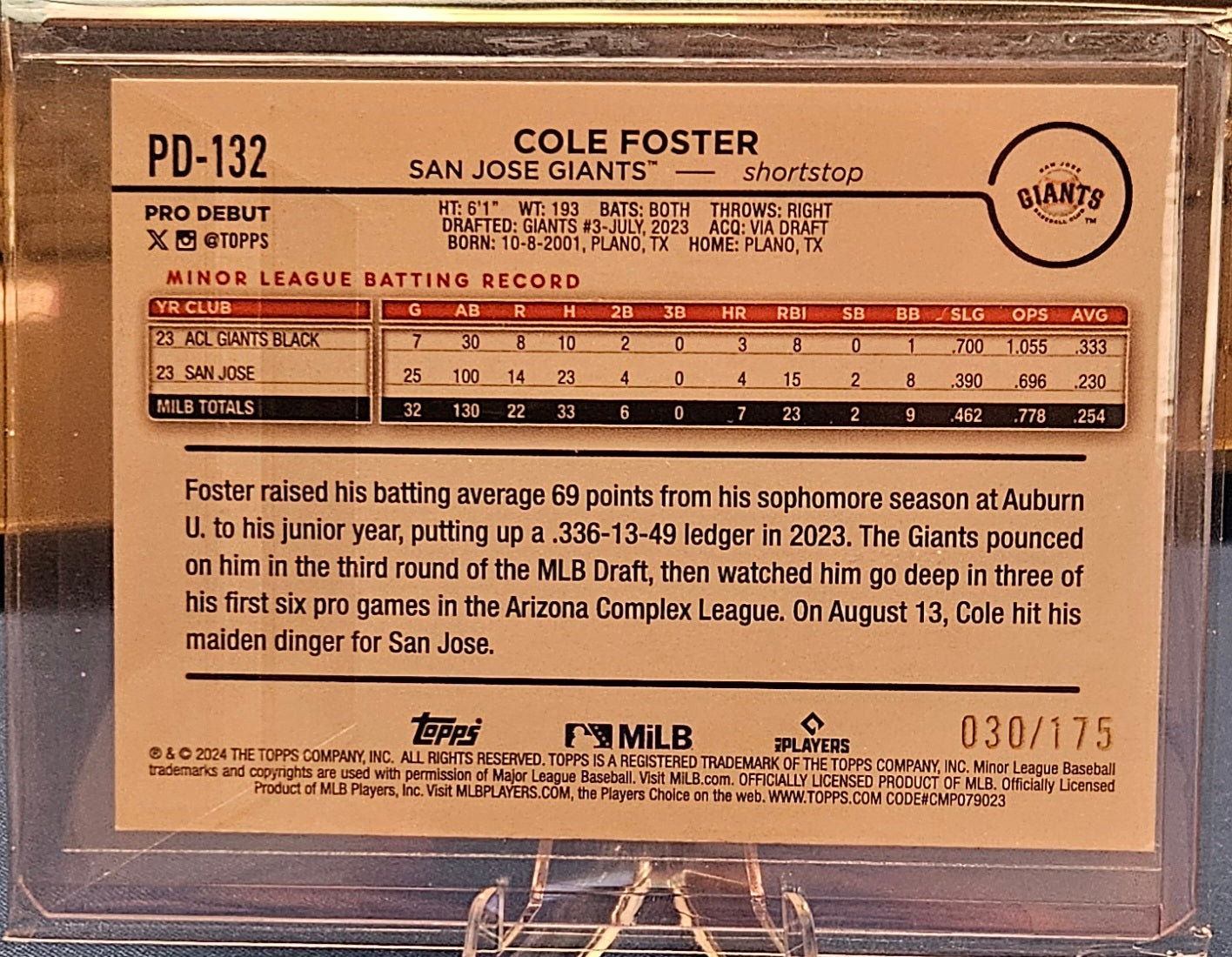 2024 Topps Pro Debut - Cole Foster #PD-132 - Sparkle Foil 30/175