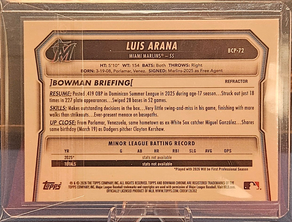 2026 Bowman Chrome - Luis Arana #BCP-72 - Refractor 357/499 - 1st Bowman