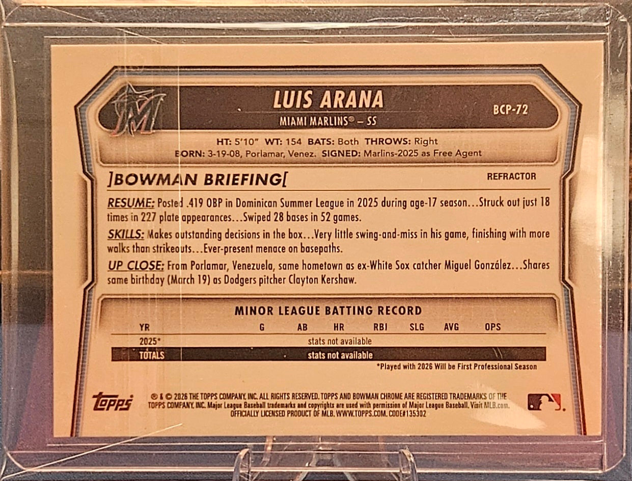 2026 Bowman Chrome - Luis Arana #BCP-72 - Refractor 357/499 - 1st Bowman