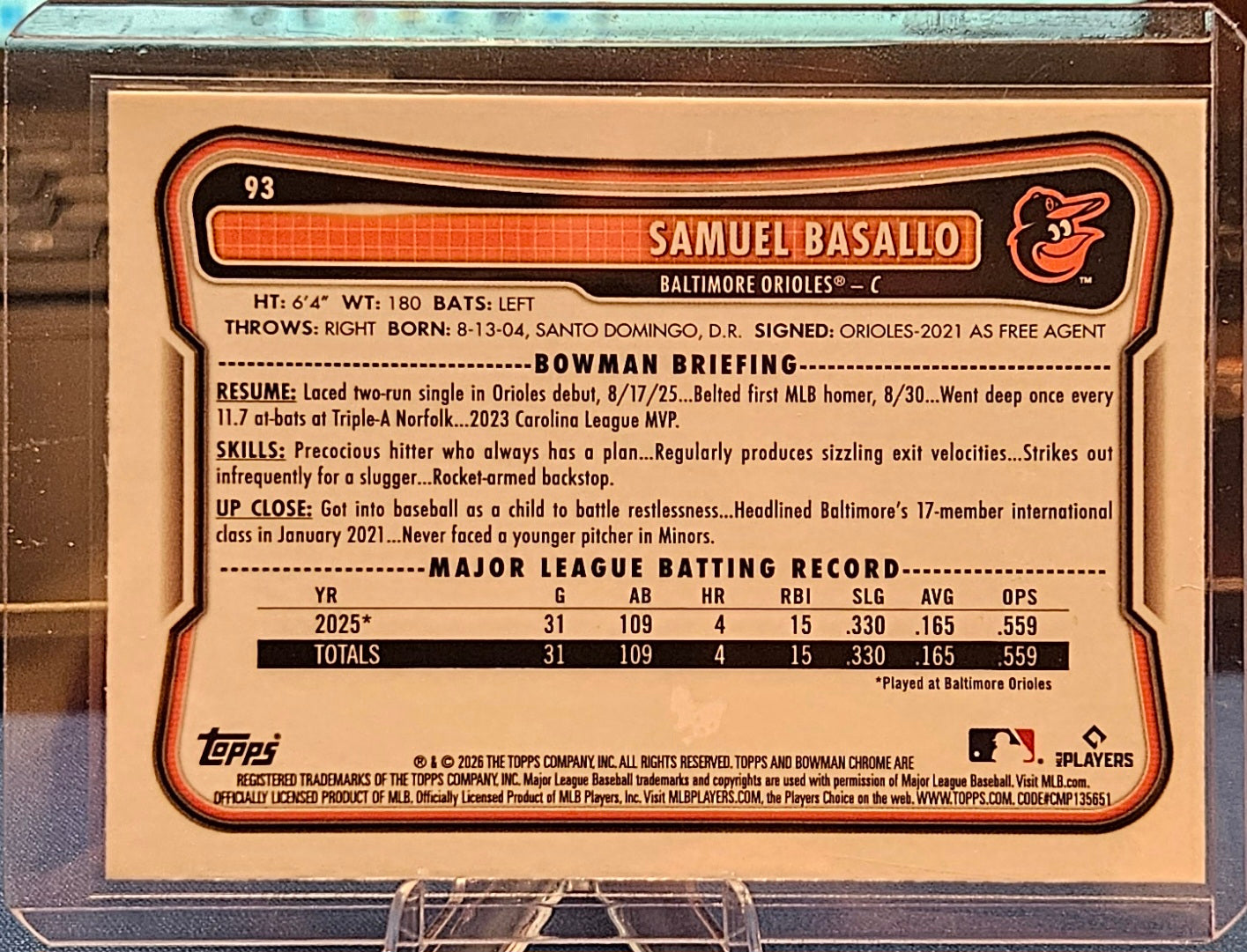 2026 Bowman Chrome - Samuel Basallo #93 - Mojo Refractor (RC)