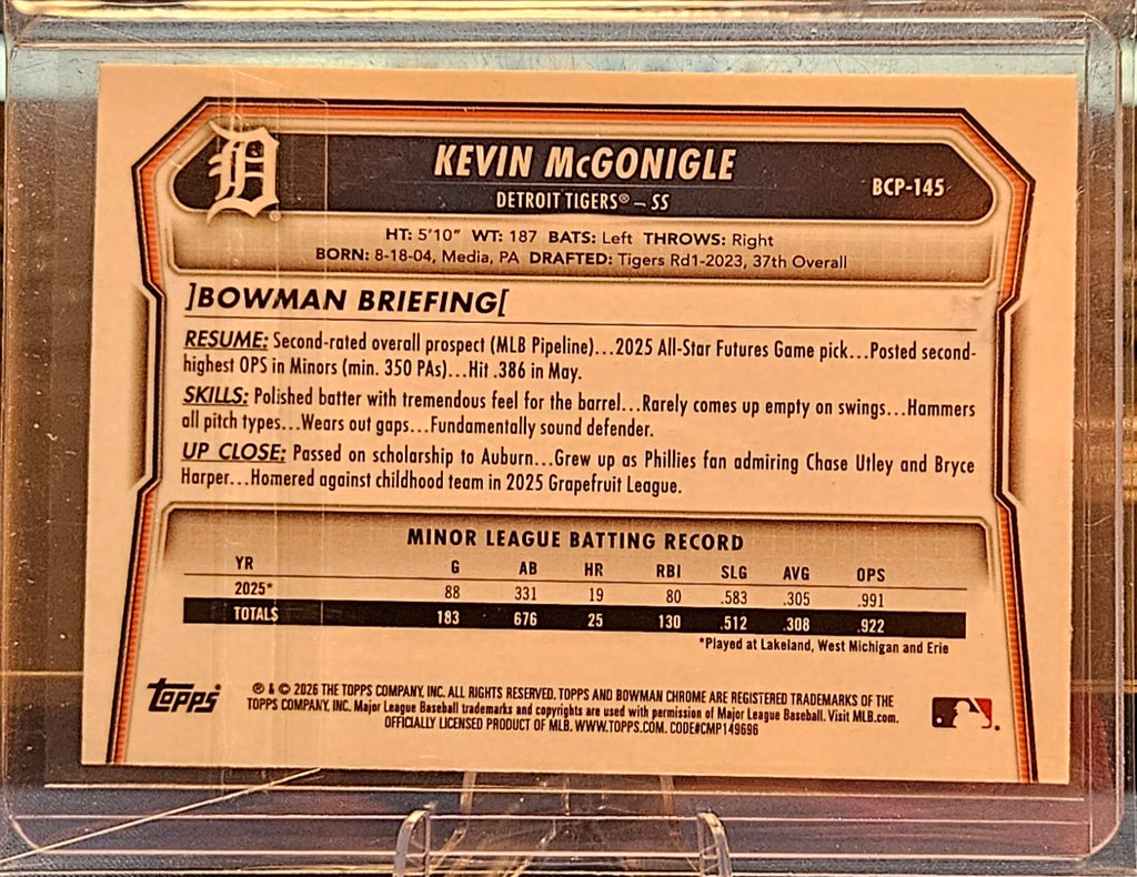 2026 Bowman Chrome - Kevin McGonigle #BCP-145 - Purple Mojo Refractor 141/250