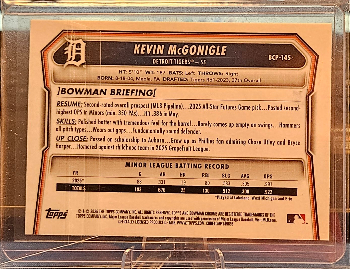 2026 Bowman Chrome - Kevin McGonigle #BCP-145 - Purple Mojo Refractor 141/250