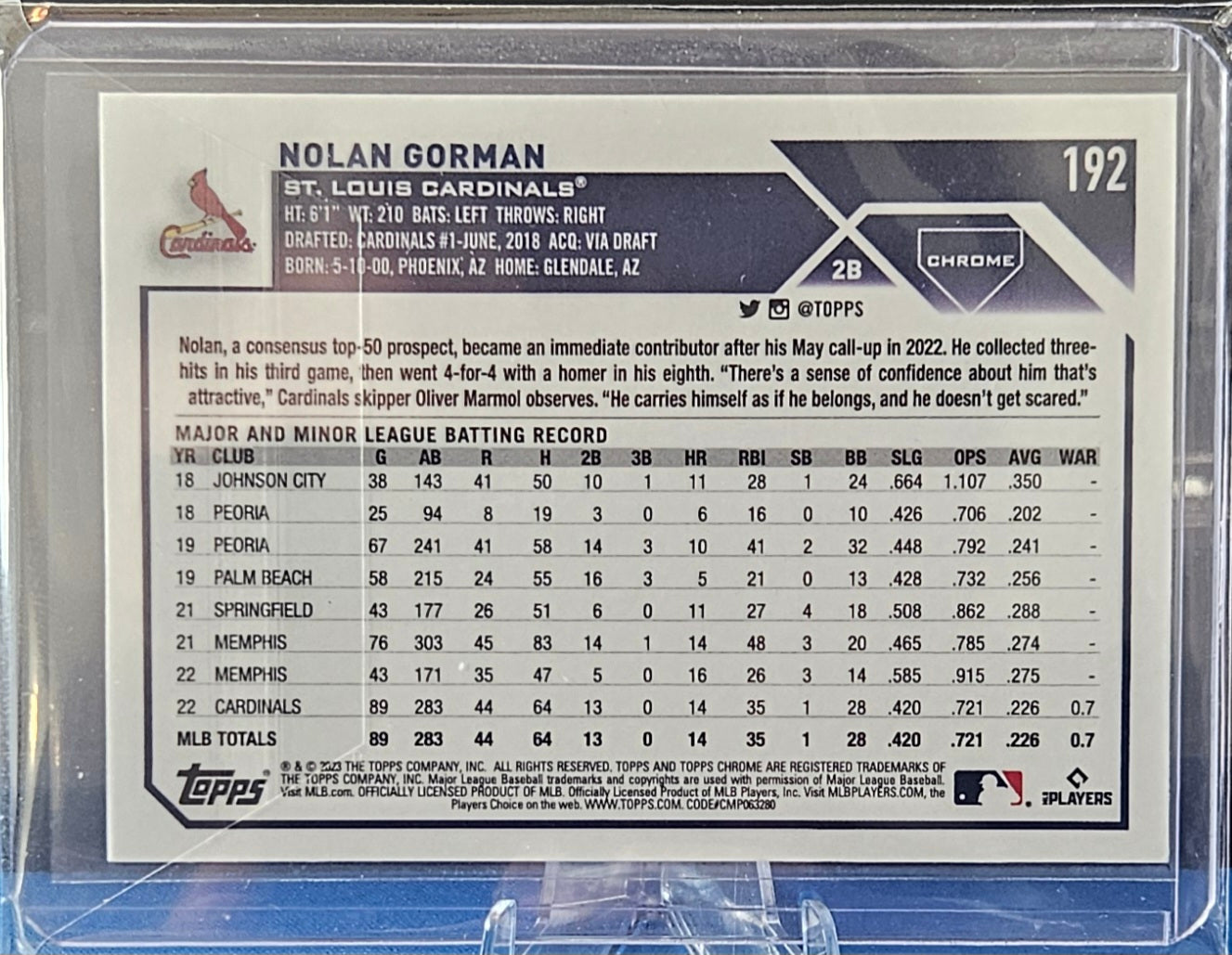 2023 Topps Chrome Logofractor- Nolan Gorman #192 - Purple Refractor 143/250 (RC)