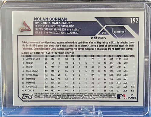 2023 Topps Chrome Logofractor- Nolan Gorman #192 - Purple Refractor 143/250 (RC)