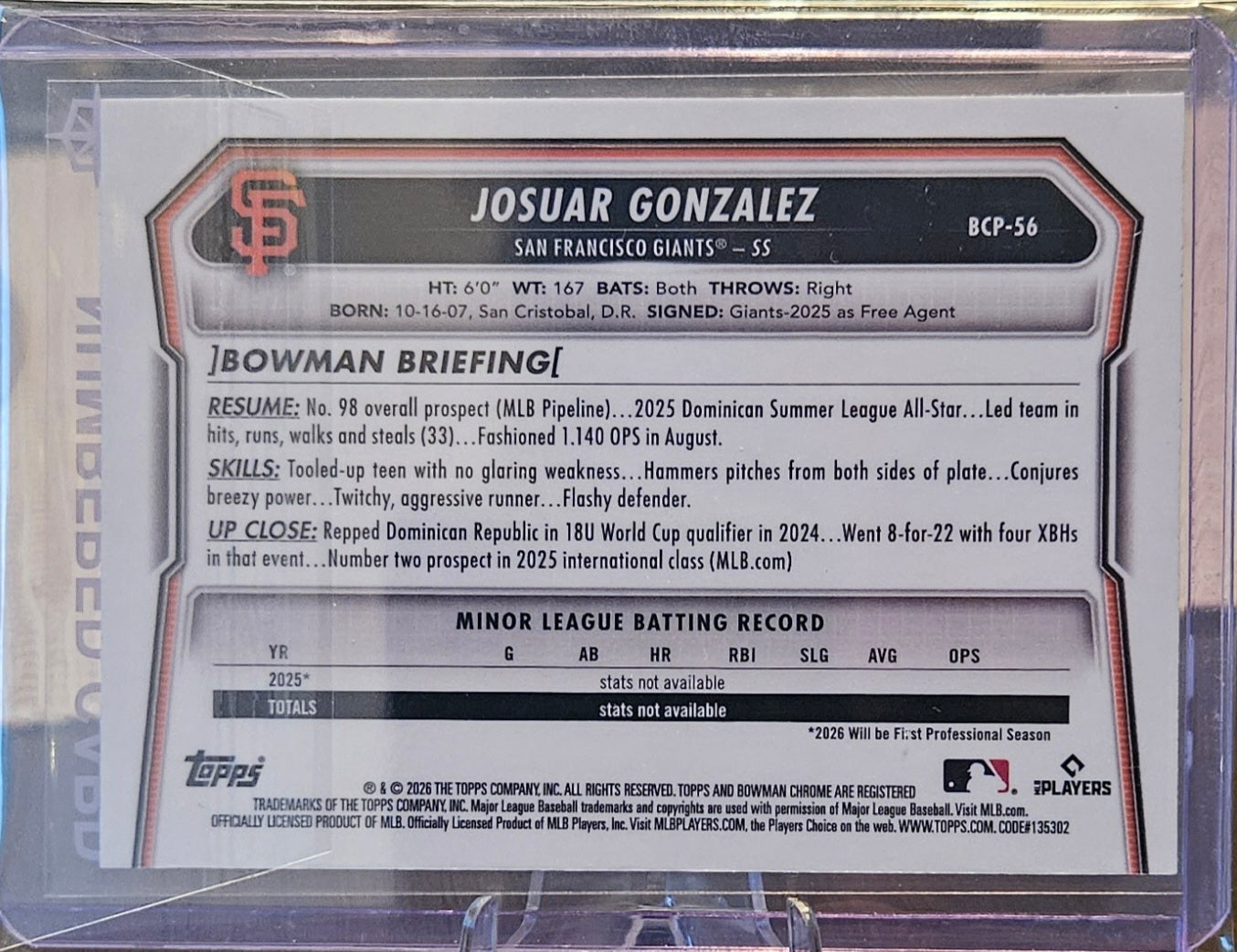 2026 Bowman Chrome - Josuar Gonzalez #BCP-56 - Blue Shimmer 64/150