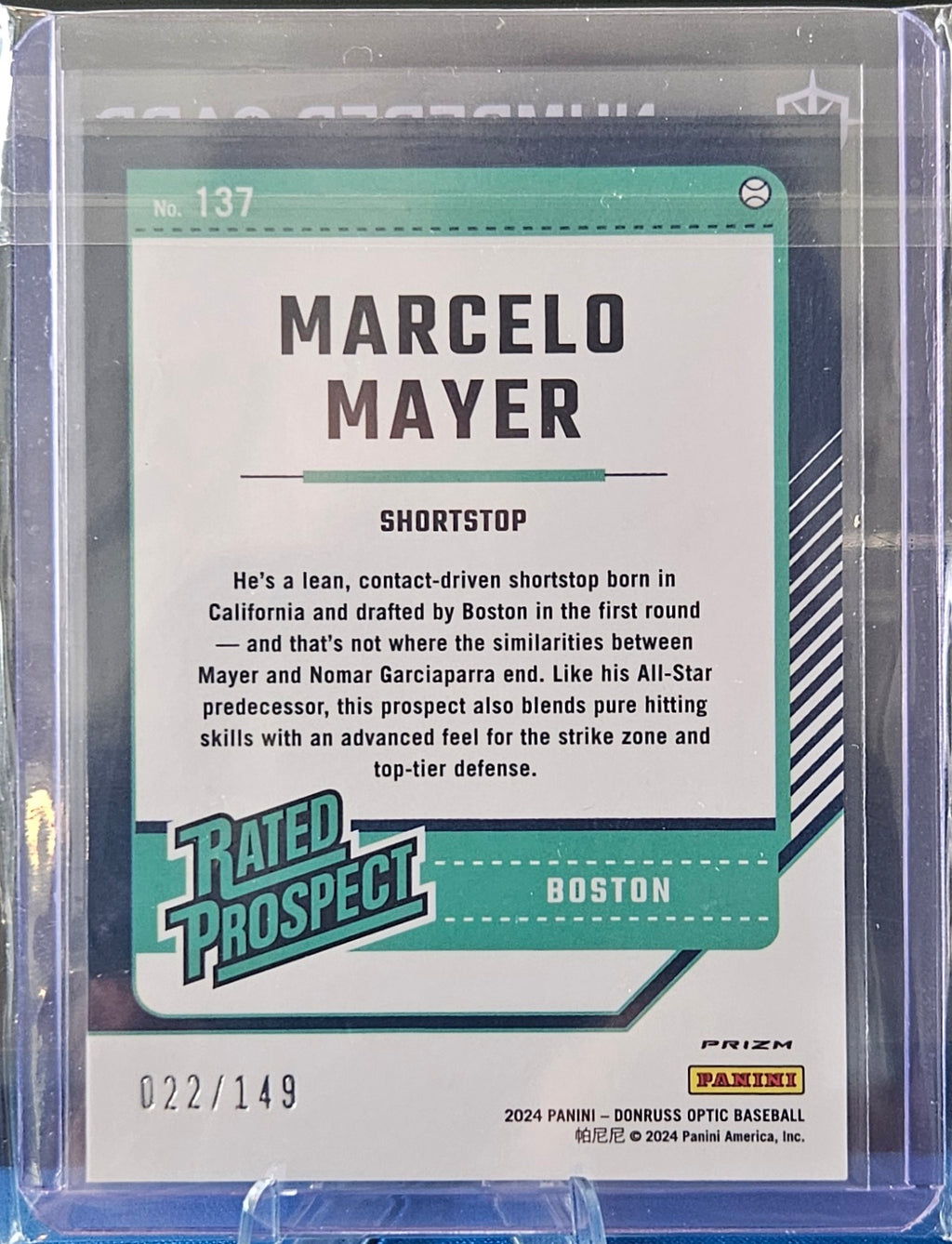 2024 Panini Donruss Optic - Marcelo Mayer #137 - Lime Green Prizm 22/149 - Rated Prospect