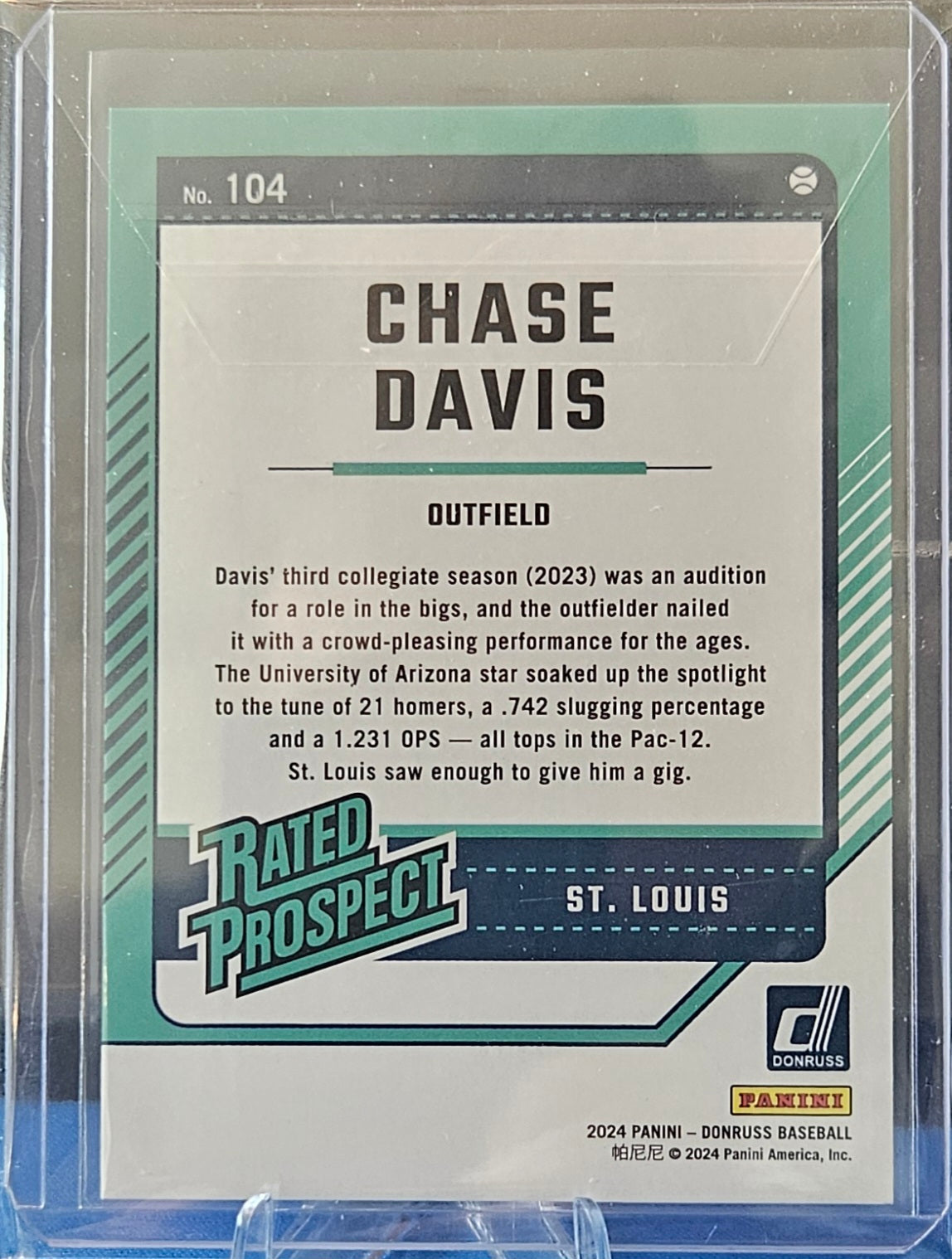 2024 Panini Donruss - Chase Davis #104 - Carolina Blue Laser 225/249 - Rated Prospect