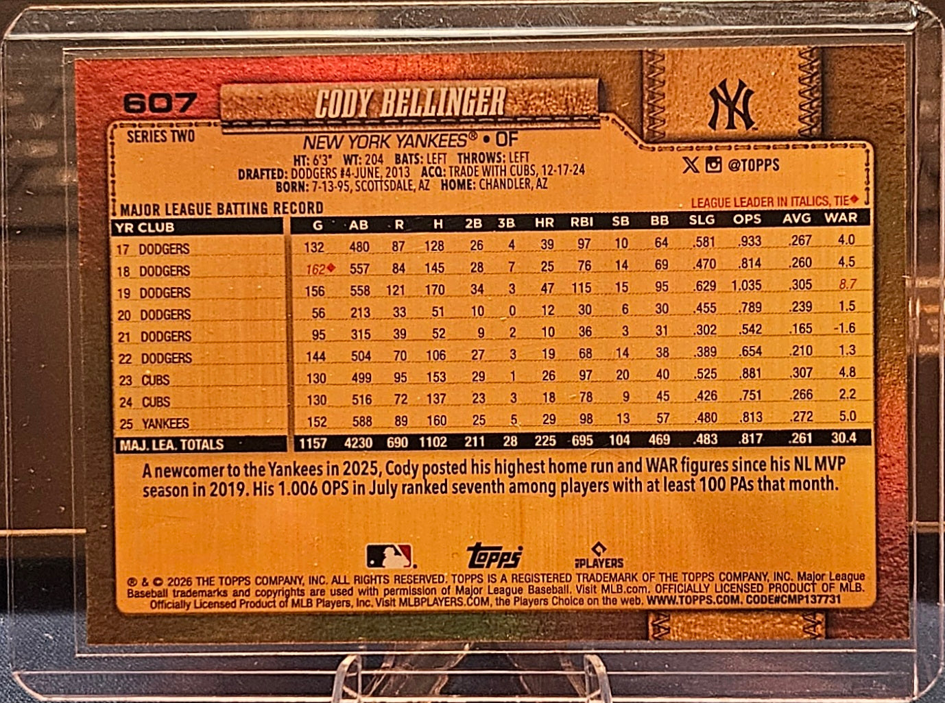 2026 Topps - Cody Bellinger #607 - Golden Mirror Parallel