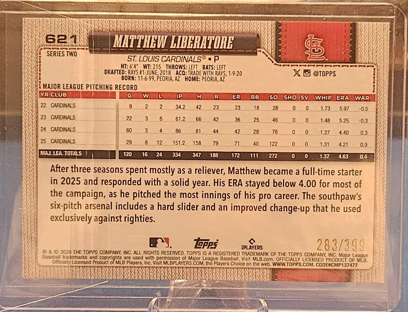 2026 Topps - Matthew Liberatore #621 - Yellow 283/399