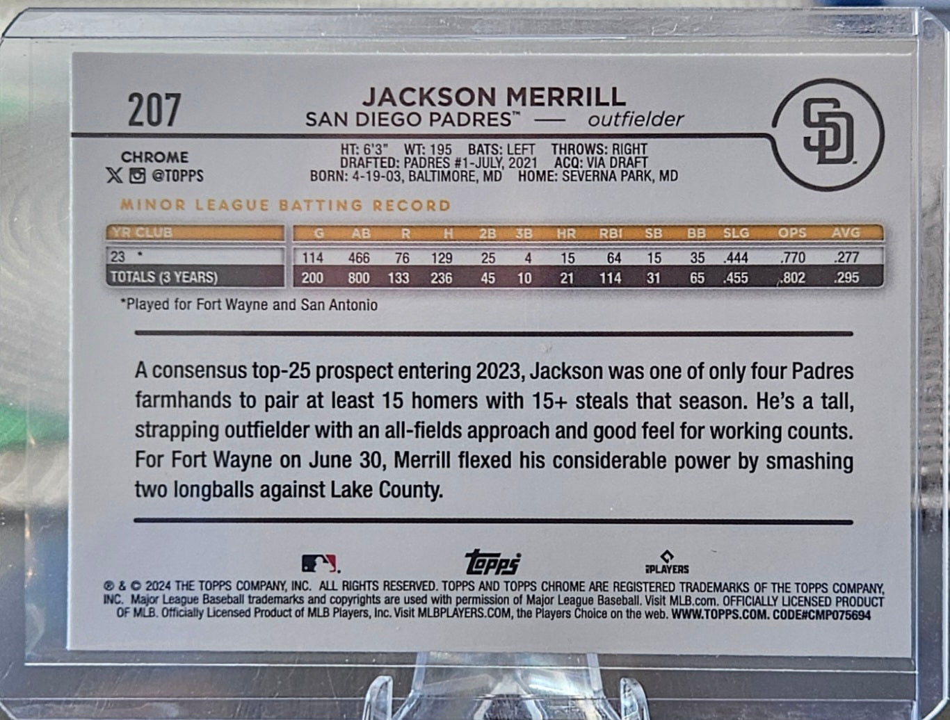 2024 Topps Chrome - Jackson Merrill #207 - Raywave Refractor (RC)