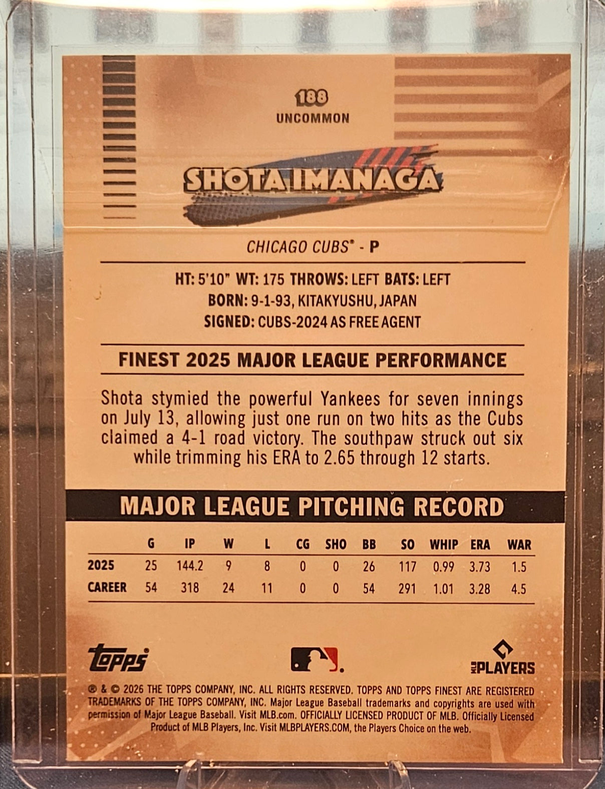 2026 Topps Finest - Shota Imanaga #188 - Blue Mini Diamond 55/150