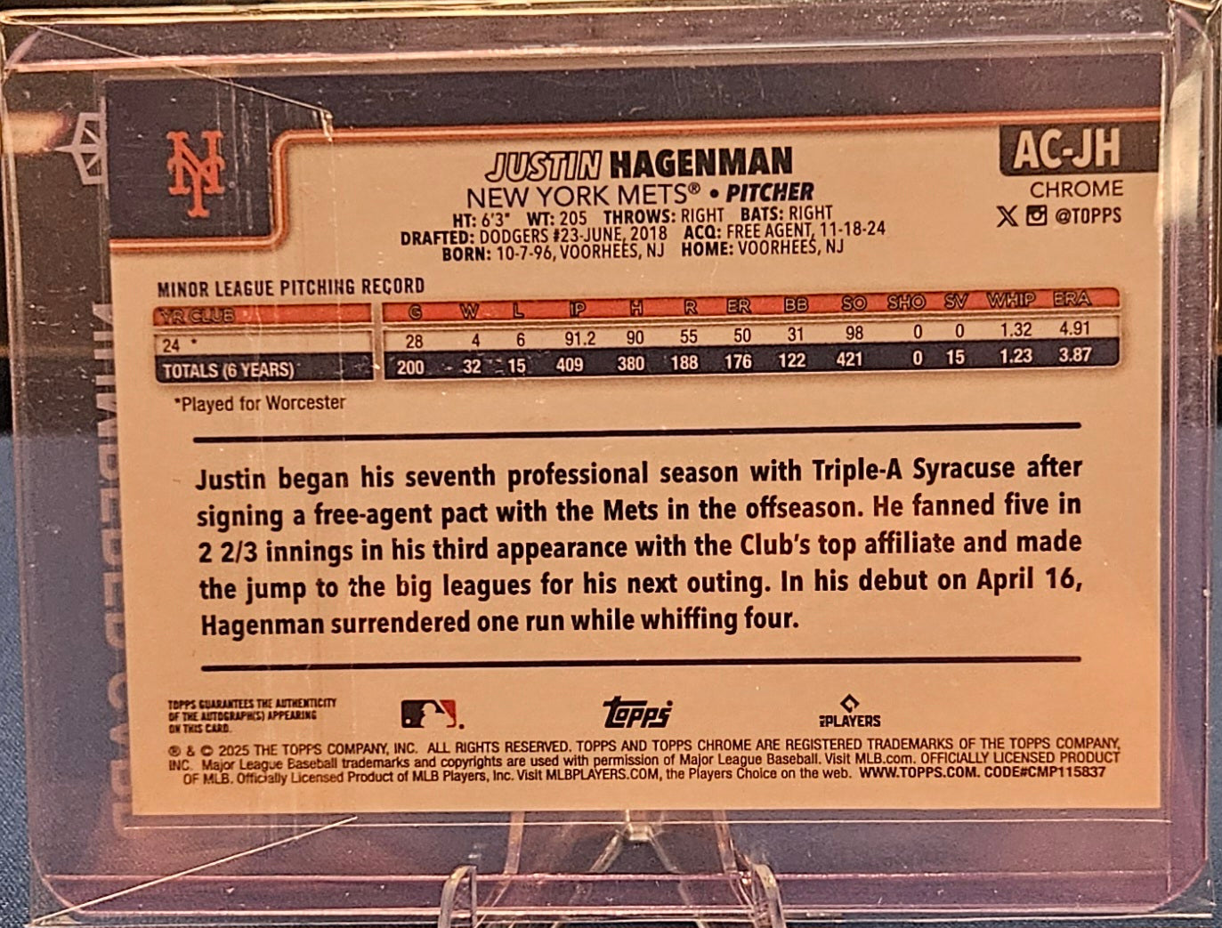 2025 Topps Chrome Update - Justin Hagenman #AC-JH - Blue Wave Auto #56/150 (RC)