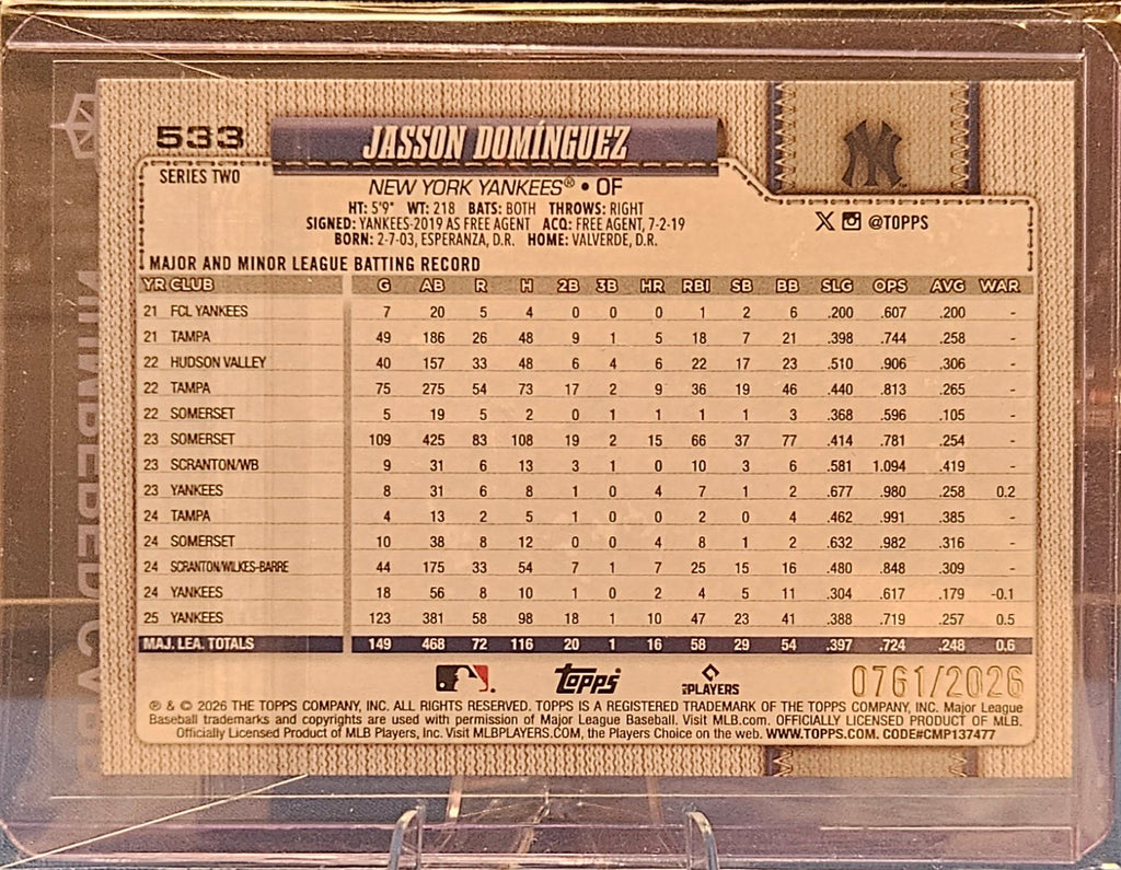 2026 Topps - Jasson Dominguez #533 - Gold 761/2026