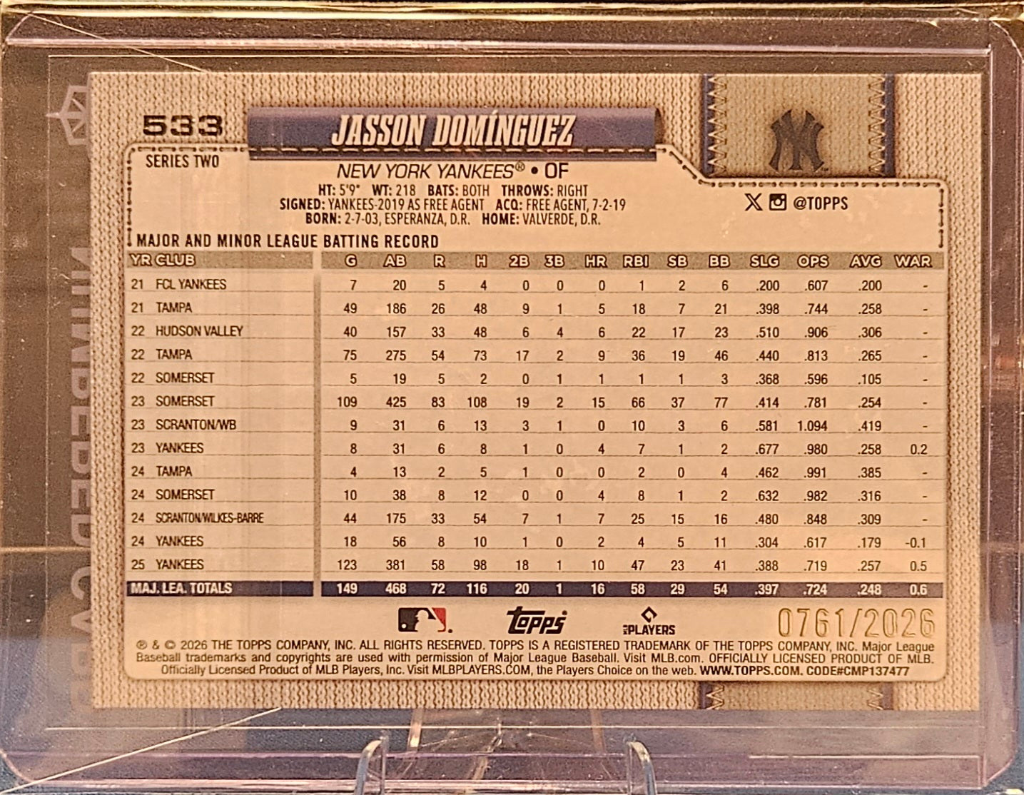 2026 Topps - Jasson Dominguez #533 - Gold 761/2026