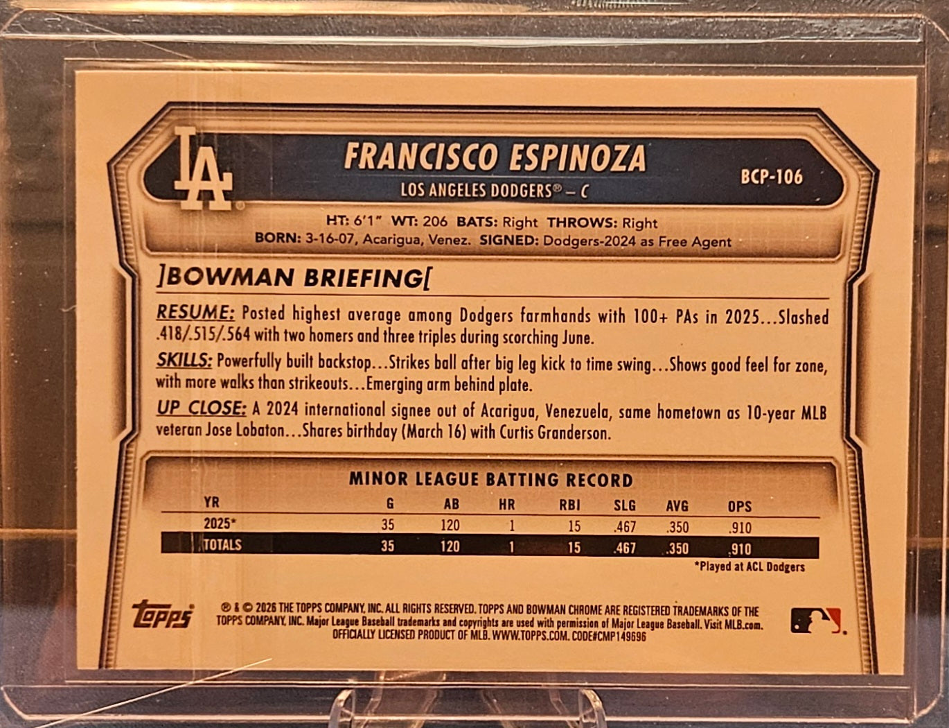 2026 Bowman Chrome - Francisco Espinoza #BCP-106 - Blue Mojo Refractor 140/175 (1st)