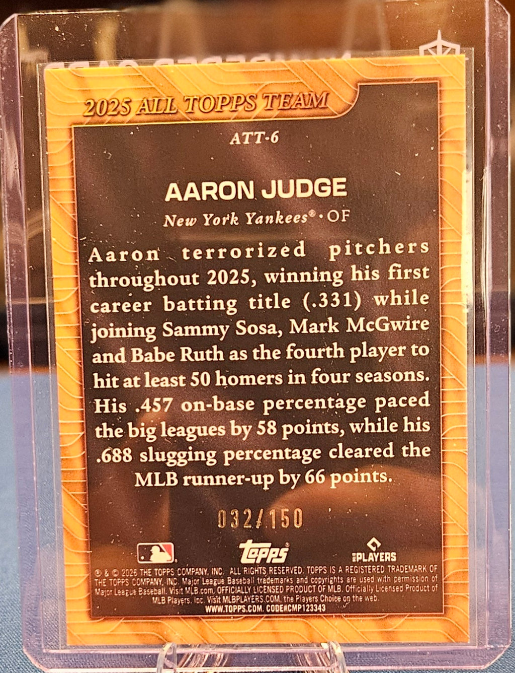 2026 Topps - Aaron Judge #ATT-6 - 2025 All Topps Team Blue Refractor #32/150