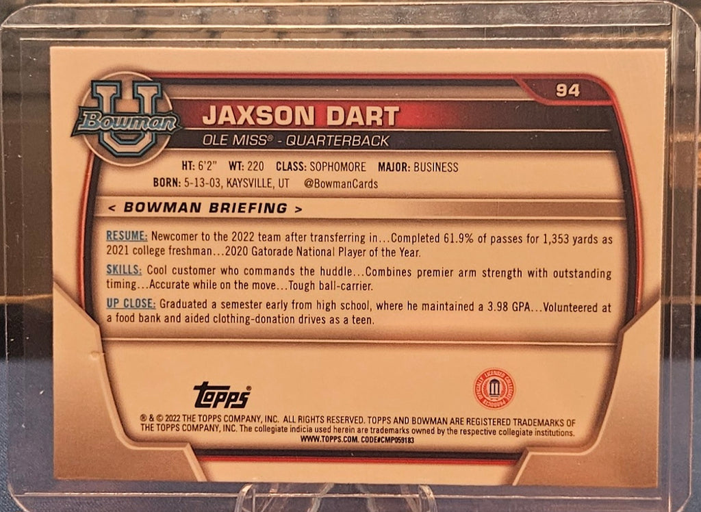 2022 Bowman University - Jaxson Dart #94 - 1st Bowman - Pink Refractor
