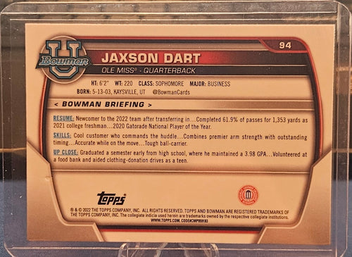 2022 Bowman University - Jaxson Dart #94 - 1st Bowman - Pink Refractor