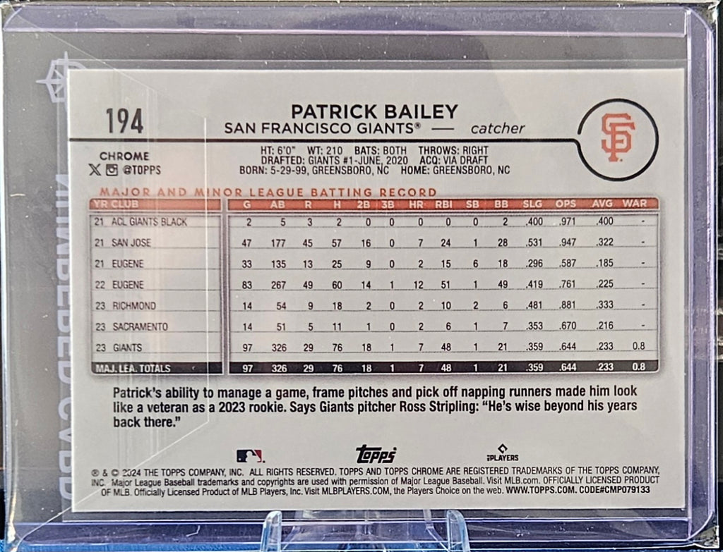 2024 Topps Chrome Logofractor- Patrick Bailey #194 - Purple Refractor 141/250