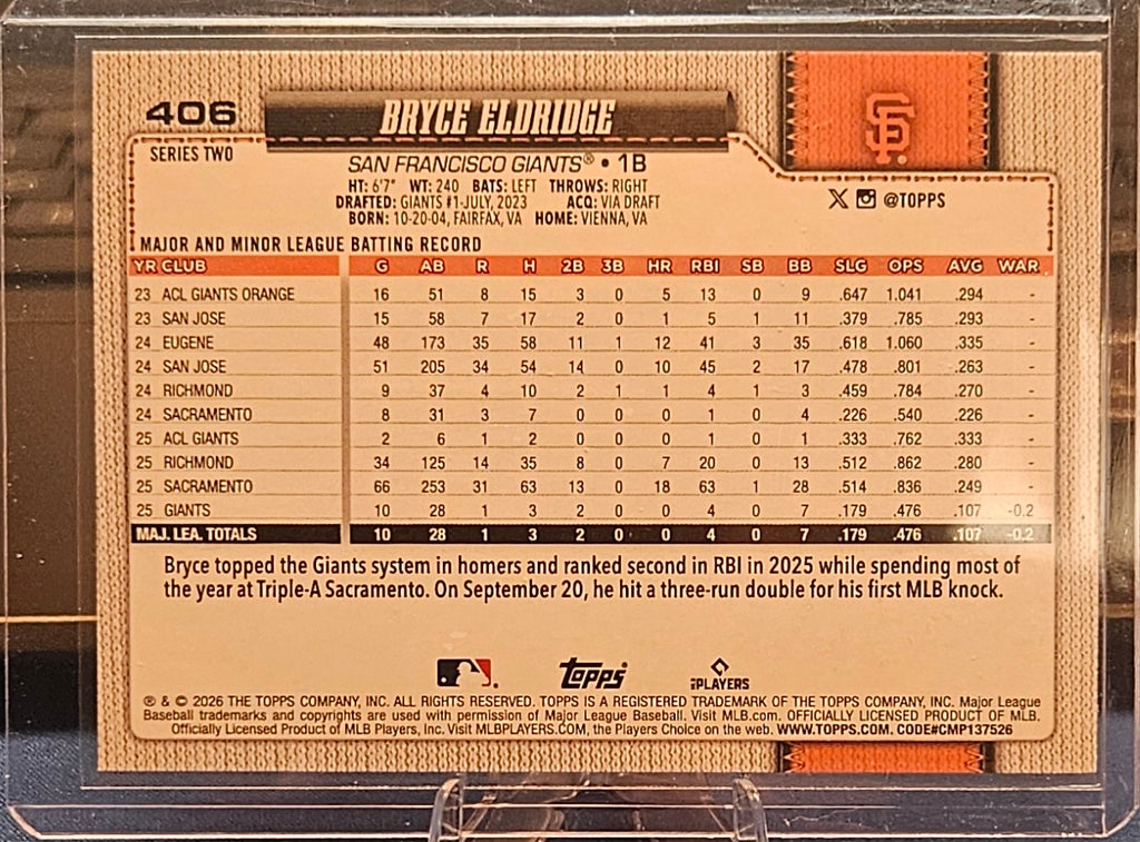 2026 Topps - Bryce Eldridge #406 - Orange Sun Holo Foil Refractor (RC)