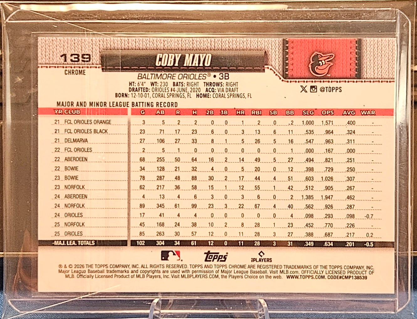 2026 Topps Chrome - Coby Mayo #139 - Gold RayWave 47/50