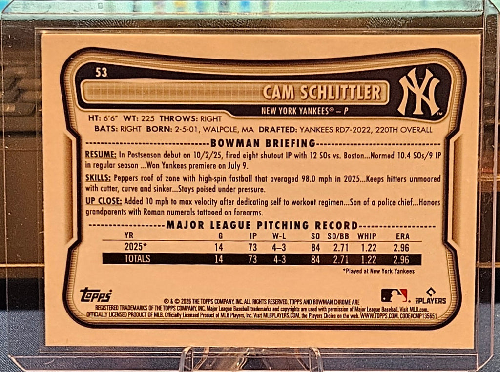 2026 Bowman Chrome - Cam Schlittler #53 - Mojo Refractor (RC)