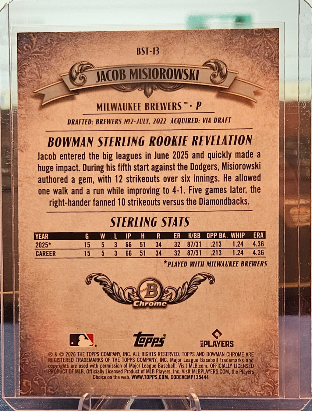 2026 Bowman Chrome Sterling - Jacob Misiorowski #BST-13 (RC)