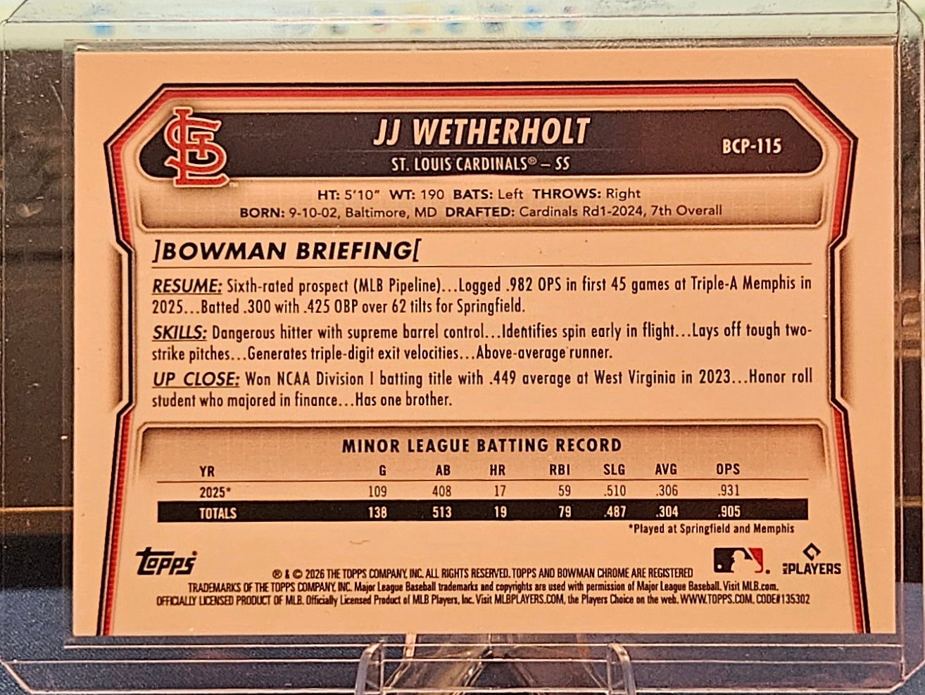 2026 Bowman Chrome - JJ Wetherholt #BCP-115 - Reptilian Refractor