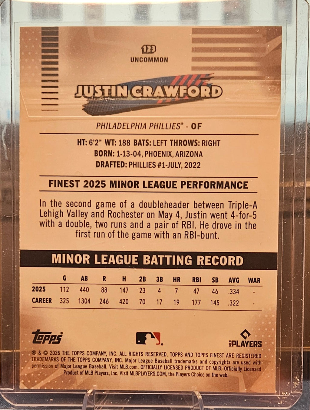 2026 Topps Finest - Justin Crawford #123 - Aqua Mini Diamond 150/199 (RC)
